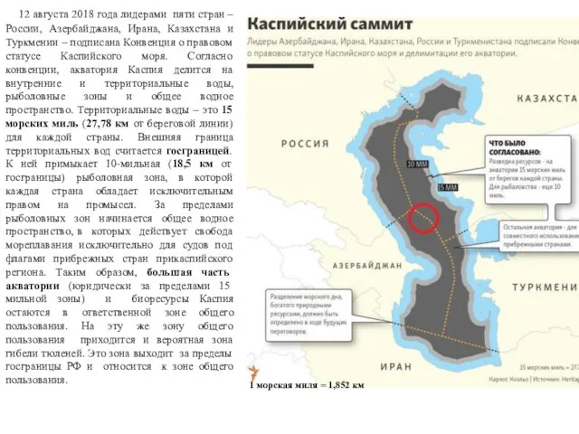 12 августа 2018 года лидерами пяти стран – России, Азербайджана, Ирана, Казахстана