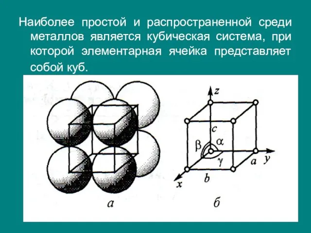 Наиболее простой и распространенной среди металлов является кубическая система, при которой элементарная ячейка представляет собой куб.