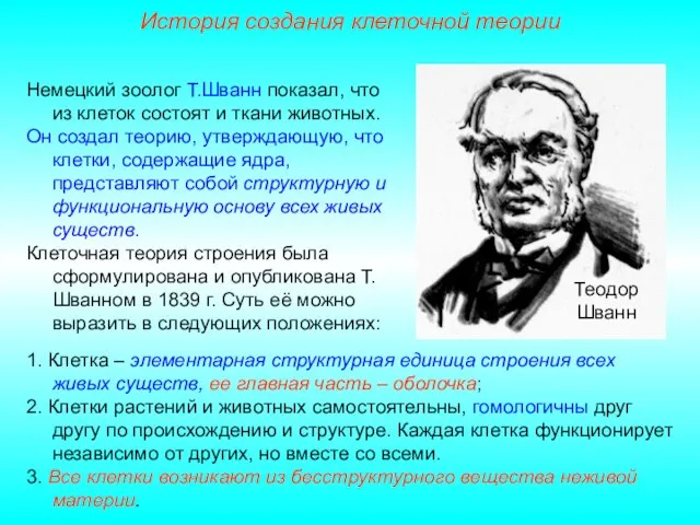 Теодор Шванн Немецкий зоолог Т.Шванн показал, что из клеток состоят и ткани