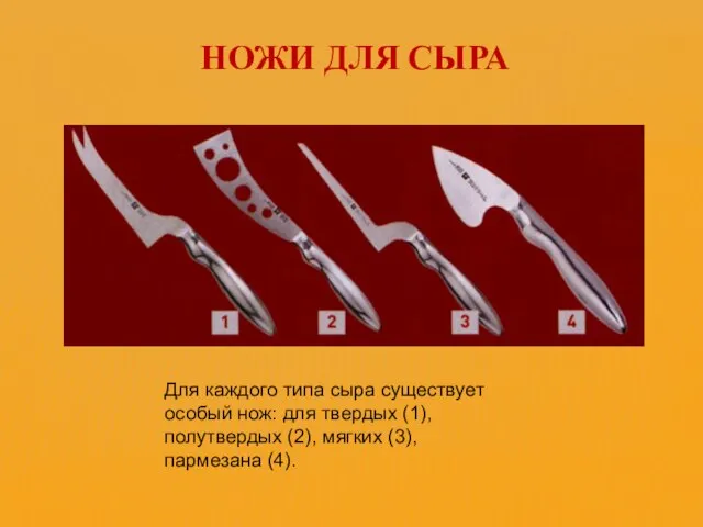 НОЖИ ДЛЯ СЫРА Для каждого типа сыра существует особый нож: для твердых