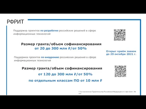 Поддержка проектов по разработке российских решений в сфере информационных технологий Размер гранта/объем