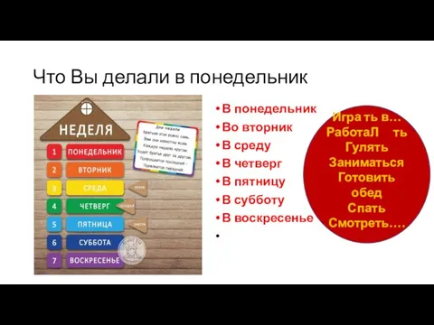 Что Вы делали в понедельник В понедельник Во вторник В среду В