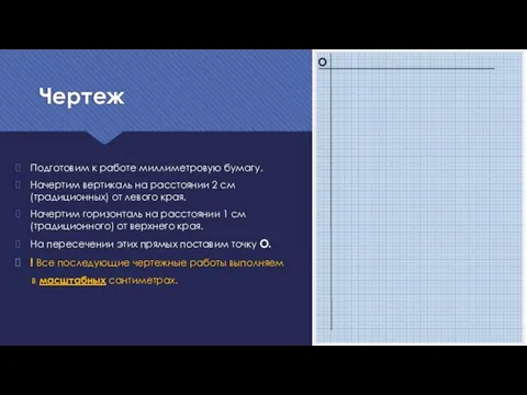 Чертеж Подготовим к работе миллиметровую бумагу. Начертим вертикаль на расстоянии 2 см