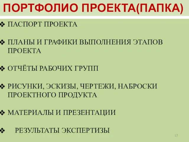 ПОРТФОЛИО ПРОЕКТА(ПАПКА) ПАСПОРТ ПРОЕКТА ПЛАНЫ И ГРАФИКИ ВЫПОЛНЕНИЯ ЭТАПОВ ПРОЕКТА ОТЧЁТЫ РАБОЧИХ