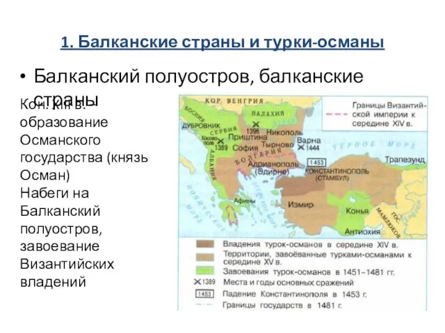 1. Балканские страны и турки-османы Балканский полуостров, балканские страны Кон. XIII в.