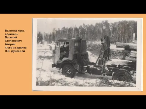 Вывозка леса, водитель Василий Степанович Аверин. Фото из архива Л.В. Дунаевой