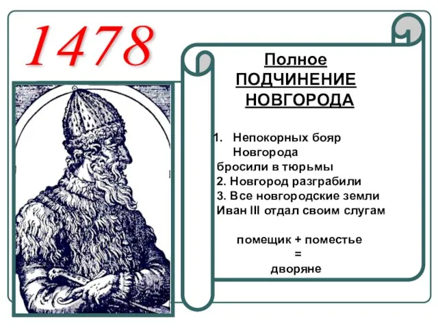 1478 Полное ПОДЧИНЕНИЕ НОВГОРОДА Непокорных бояр Новгорода бросили в тюрьмы 2. Новгород