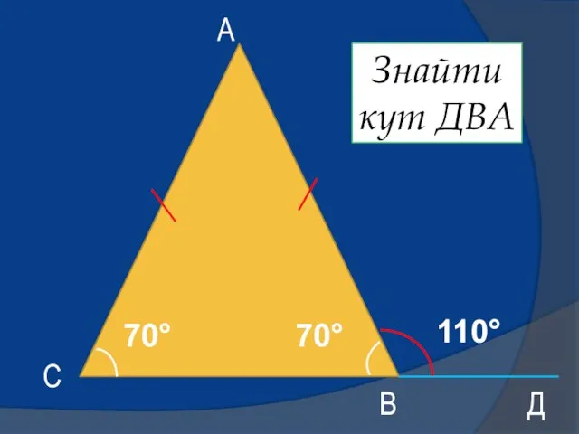 70° А В С Знайти кут ДВА 70° Д 110°