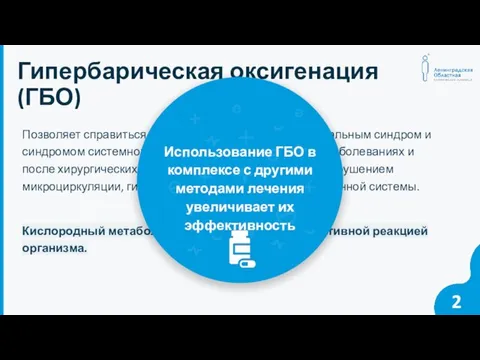 2 Гипербарическая оксигенация (ГБО) Позволяет справиться с мультиорганным дисфункциональным синдром и синдромом