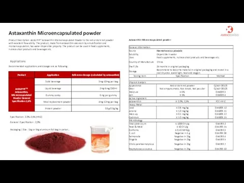 Product Description: AstALPHY" Astaxanthin Microencapsulated Powder is the red or dark red