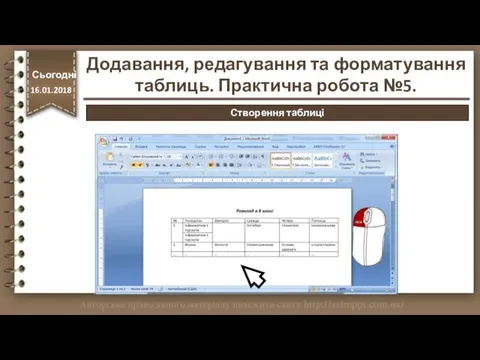 http://vsimppt.com.ua/ Сьогодні 16.01.2018 Створення таблиці Додавання, редагування та форматування таблиць. Практична робота №5.