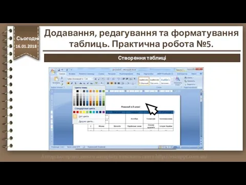 http://vsimppt.com.ua/ Сьогодні 16.01.2018 Створення таблиці Додавання, редагування та форматування таблиць. Практична робота №5.