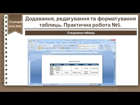 http://vsimppt.com.ua/ Сьогодні 16.01.2018 Створення таблиці Додавання, редагування та форматування таблиць. Практична робота №5.