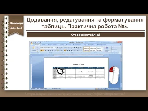 http://vsimppt.com.ua/ Сьогодні 16.01.2018 Створення таблиці Додавання, редагування та форматування таблиць. Практична робота №5.