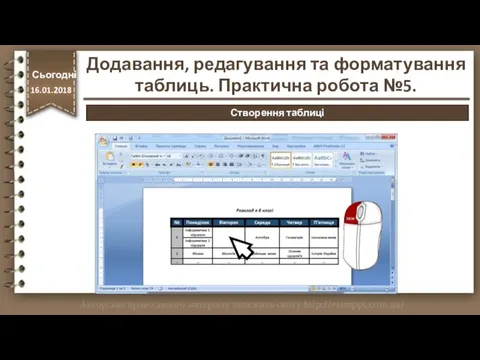 http://vsimppt.com.ua/ Сьогодні 16.01.2018 Створення таблиці Додавання, редагування та форматування таблиць. Практична робота №5.