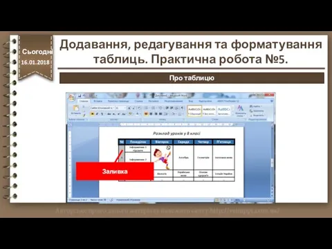 Заливка http://vsimppt.com.ua/ Сьогодні 16.01.2018 Про таблицю Додавання, редагування та форматування таблиць. Практична робота №5.
