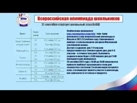 Всероссийская олимпиада школьников 21 сентября стартует школьный этап ВсОШ Опубликован проведения https://vos.olimpiada.ru/news/3934