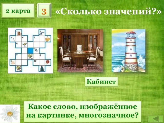 2 карта 3 «Сколько значений?» Какое слово, изображённое на картинке, многозначное? Кабинет