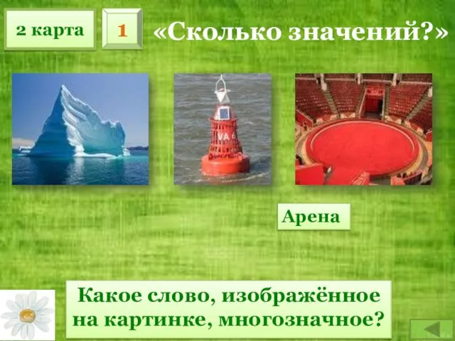 2 карта 1 «Сколько значений?» Какое слово, изображённое на картинке, многозначное? Арена