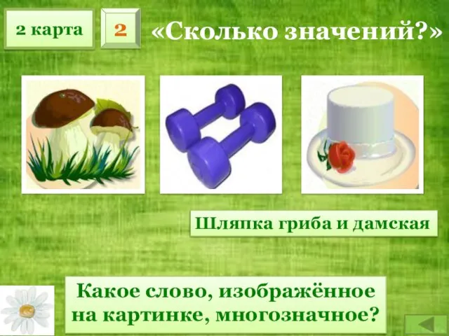 2 карта 2 «Сколько значений?» Какое слово, изображённое на картинке, многозначное? Шляпка гриба и дамская