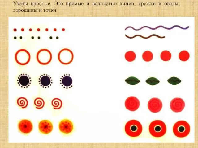 Узоры простые. Это прямые и волнистые линии, кружки и овалы, горошины и точки