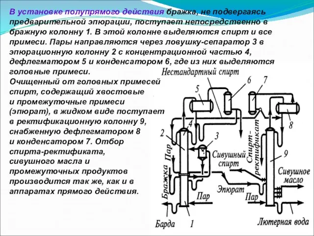 В установке полупрямого действия бражка, не подвергаясь предварительной эпюрации, поступает непосредственно в