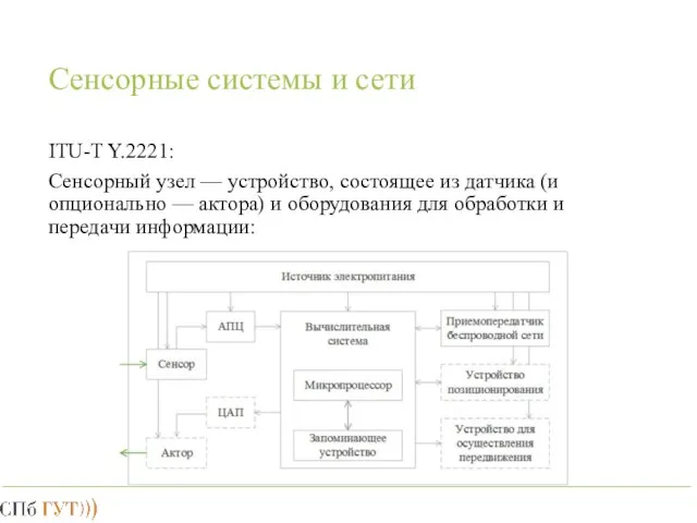 Сенсорные системы и сети ITU-T Y.2221: Сенсорный узел — устройство, состоящее из