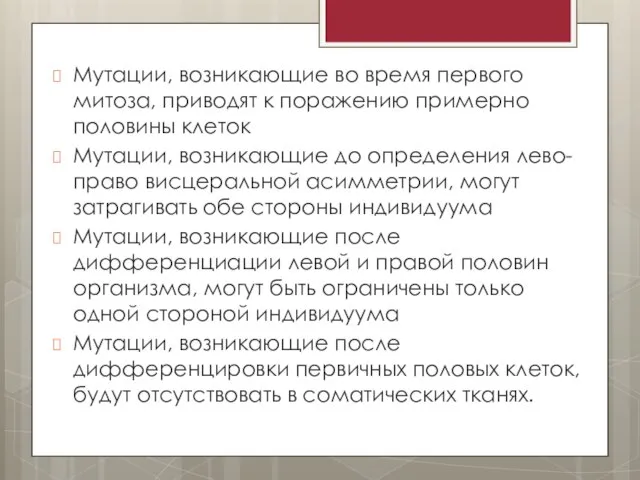 Мутации, возникающие во время первого митоза, приводят к поражению примерно половины клеток