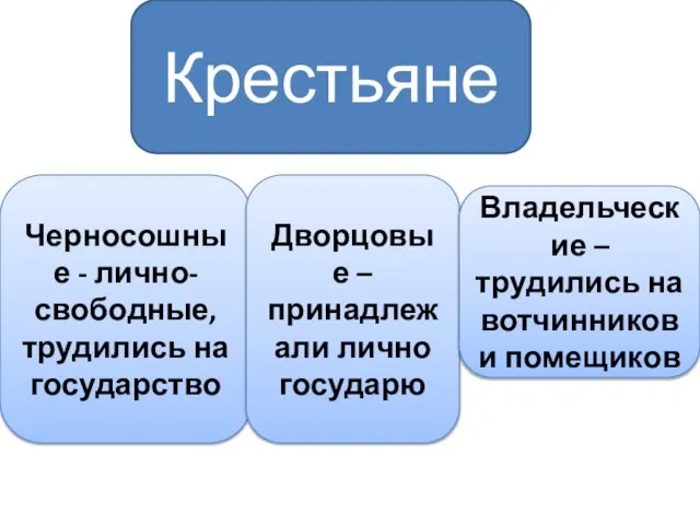 Крестьяне Черносошные - лично-свободные, трудились на государство Дворцовые – принадлежали лично государю