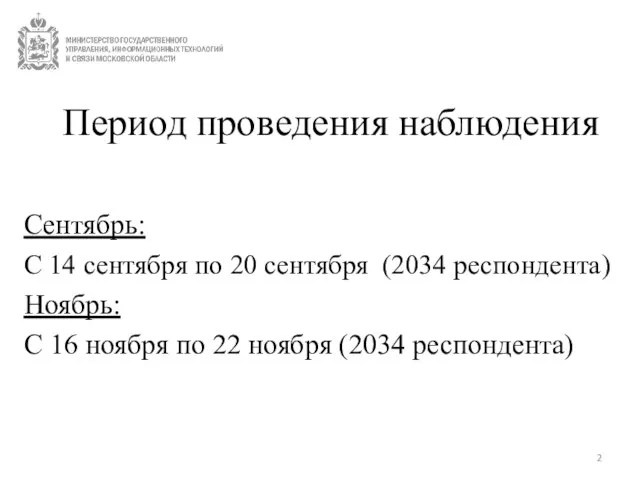 Период проведения наблюдения Сентябрь: С 14 сентября по 20 сентября (2034 респондента)