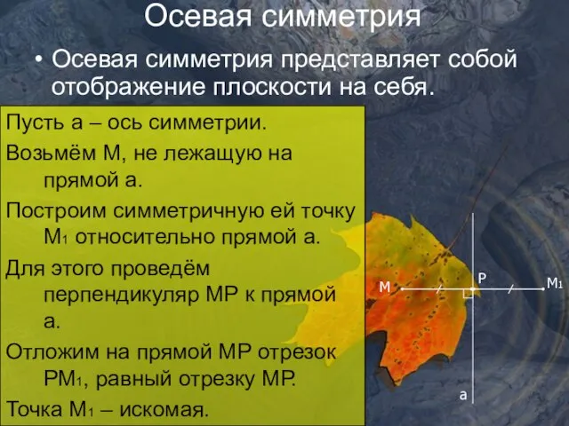 Осевая симметрия Осевая симметрия представляет собой отображение плоскости на себя. a M1