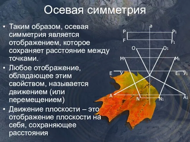 Осевая симметрия Таким образом, осевая симметрия является отображением, которое сохраняет расстояние между