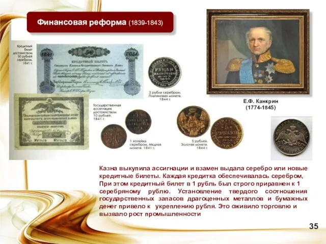 Финансовая реформа (1839-1843) Казна выкупила ассигнации и взамен выдала серебро или новые