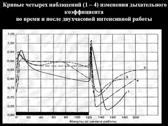 Кривые четырех наблюдений (1 – 4) изменения дыхательного коэффициента во время и после двухчасовой интенсивной работы