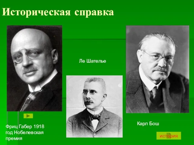 Историческая справка Карл Бош Фриц Габер 1918 год Нобелевская премия Ле Шателье история