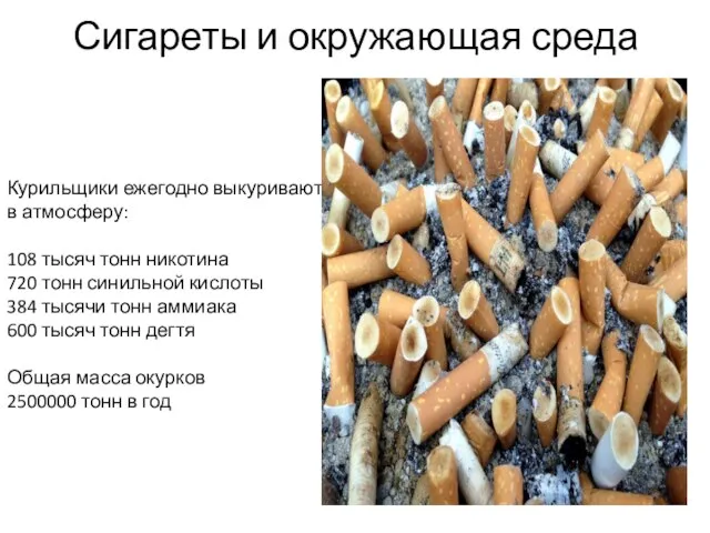 Сигареты и окружающая среда Курильщики ежегодно выкуривают в атмосферу: 108 тысяч тонн
