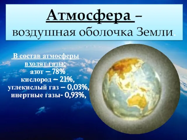 В состав атмосферы входят газы: азот – 78% кислород – 21%, углекислый