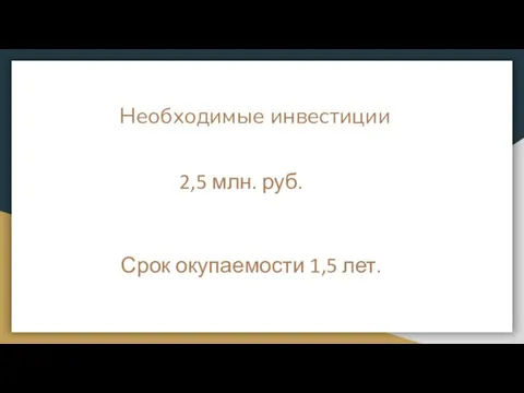 Необходимые инвестиции 2,5 млн. руб. Срок окупаемости 1,5 лет.