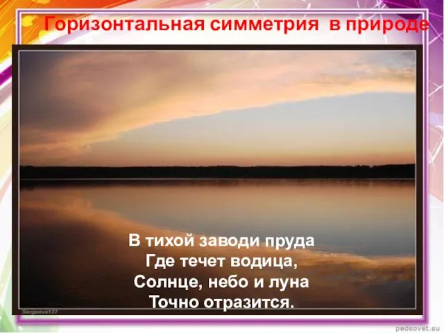 Горизонтальная симметрия в природе В тихой заводи пруда Где течет водица, Солнце,