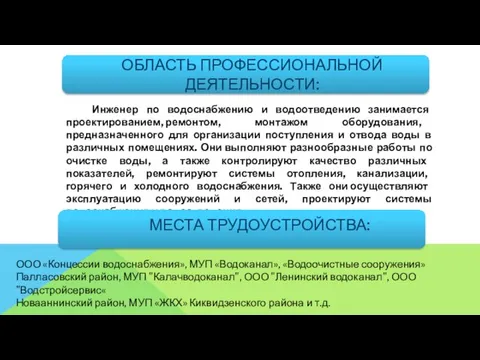 ОБЛАСТЬ ПРОФЕССИОНАЛЬНОЙ ДЕЯТЕЛЬНОСТИ: Инженер по водоснабжению и водоотведению занимается проектированием, ремонтом, монтажом