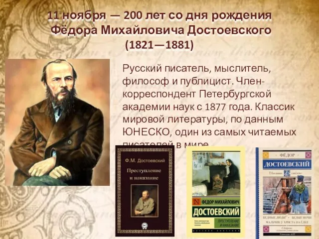 11 ноября — 200 лет со дня рождения Фёдора Михайловича Достоевского (1821—1881)