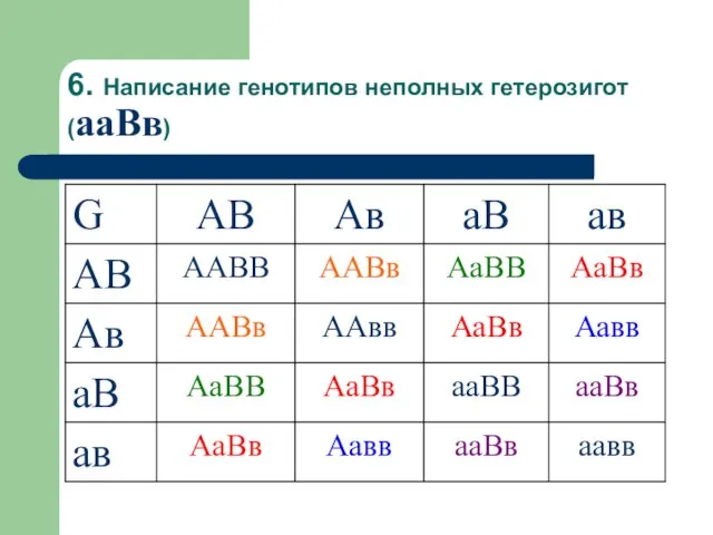 6. Написание генотипов неполных гетерозигот (ааВв)