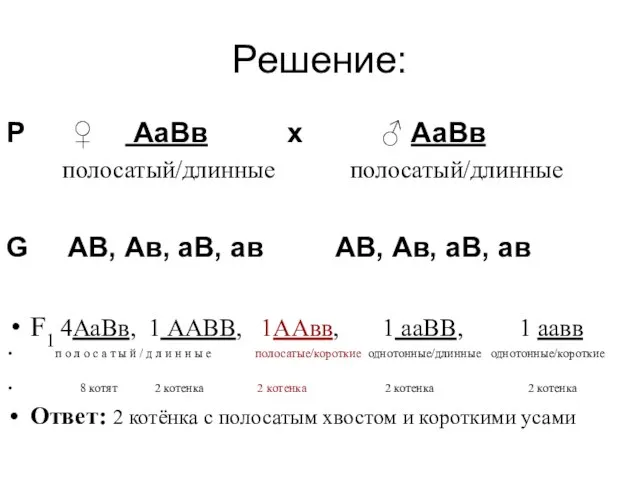 Решение: Р ♀ АаВв х ♂ АаВв полосатый/длинные полосатый/длинные G АВ, Ав,