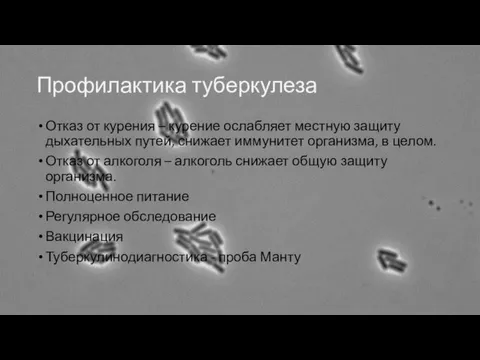 Профилактика туберкулеза Отказ от курения – курение ослабляет местную защиту дыхательных путей,