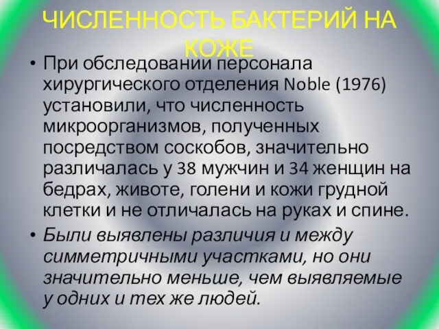 ЧИСЛЕННОСТЬ БАКТЕРИЙ НА КОЖЕ При обследовании персонала хирургического отделения Noble (1976) установили,