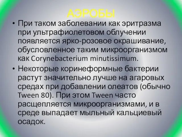 АЭРОБЫ При таком заболевании как эритразма при ультрафиолетовом облучении появляется ярко-розовое окрашивание,