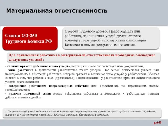 Материальная ответственность Статьи 232-250 Трудового Кодекса РФ Сторона трудового договора (работодатель или