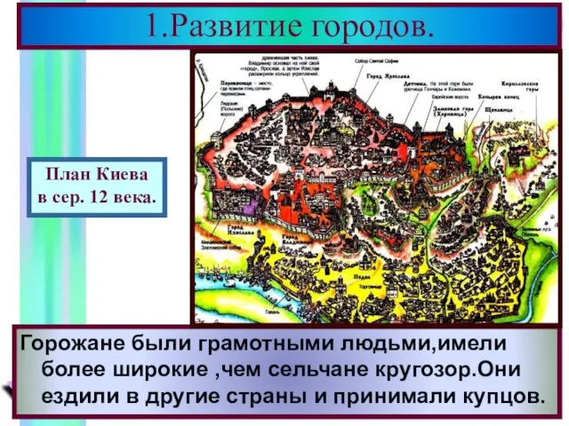 Внутри кремля располагались монастыри,церк ви,княжеские хоромы.Часто крепости дели-лись внутренними стенами. 1.Развитие городов.