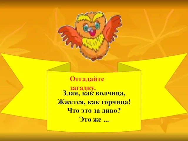 Злая, как волчица, Жжется, как горчица! Что это за диво? Это же ... Отгадайте загадку.