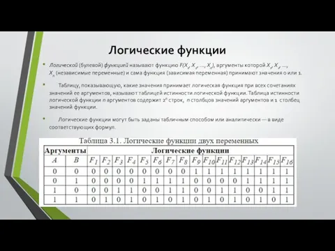 Логические функции Логической (булевой) функцией называют функцию F(Х1, Х2, ..., Хn), аргументы